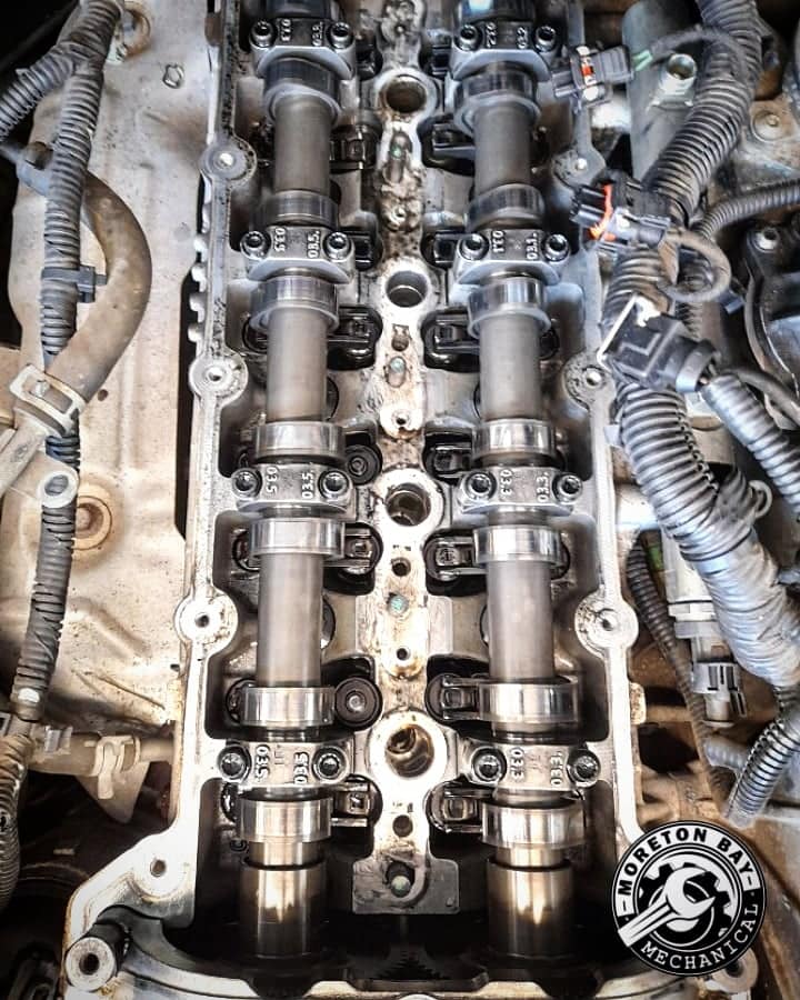 Camshafts and valve train exposed during an engine strip-down